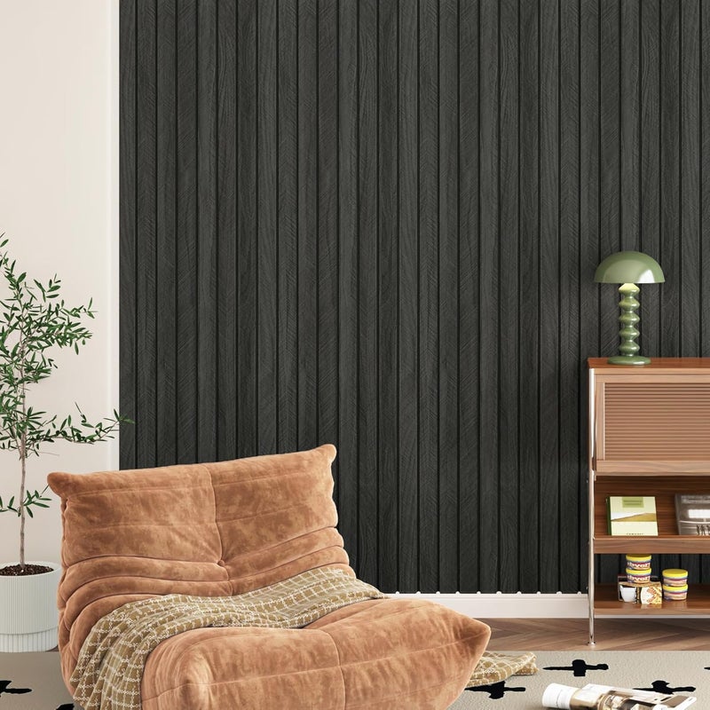 STICKEEP Self Adhesive Wood Slat Wall Paneling Grey/Black 3D Wood Panels for Wall Decor Soundproof Peel and Stick Wooden Grain Panel Wallpaper for Living Room Bedroom Dinner Office 12" x 120" - Image 2